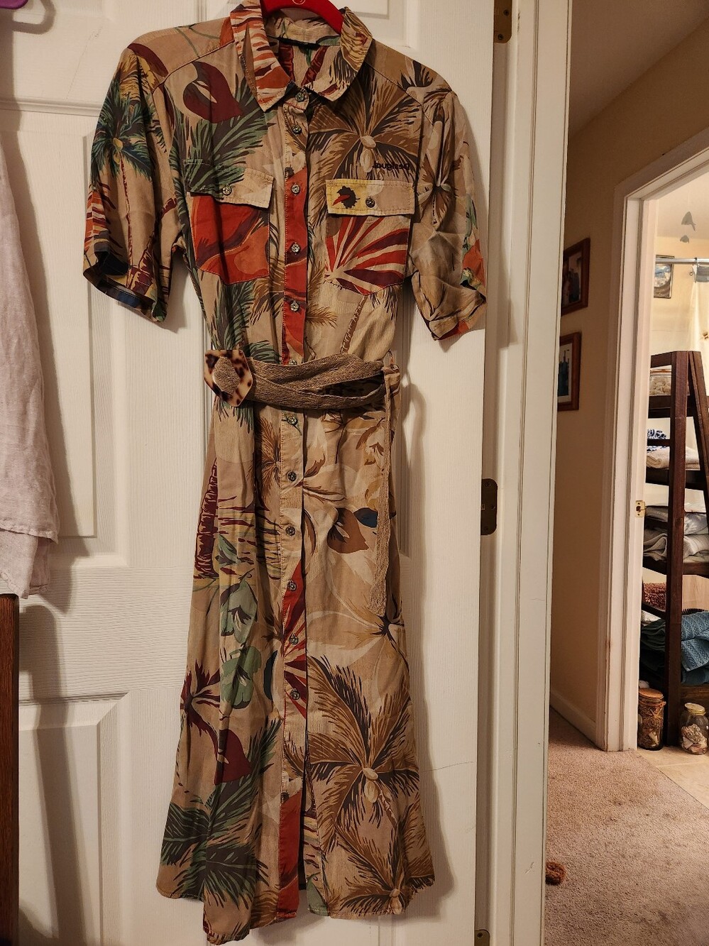 Tropical Button-Front Shirt Dress in Tan, Green & Rust, sz